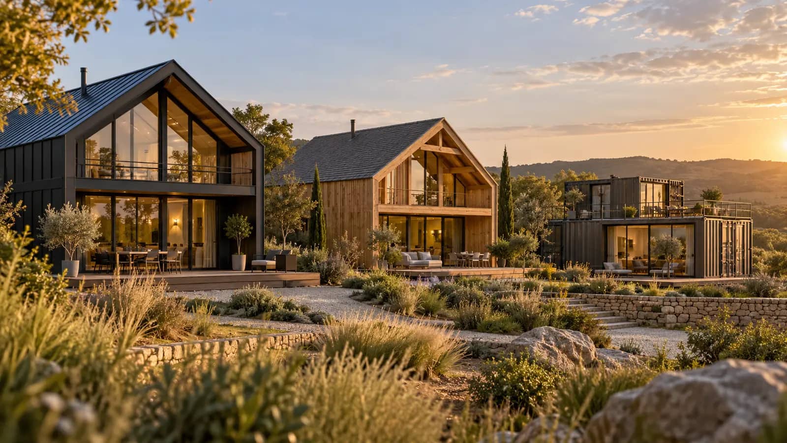 Trois maisons contemporaines côte à côte : ossature métallique à bardage sombre, ossature bois et maison en conteneurs
