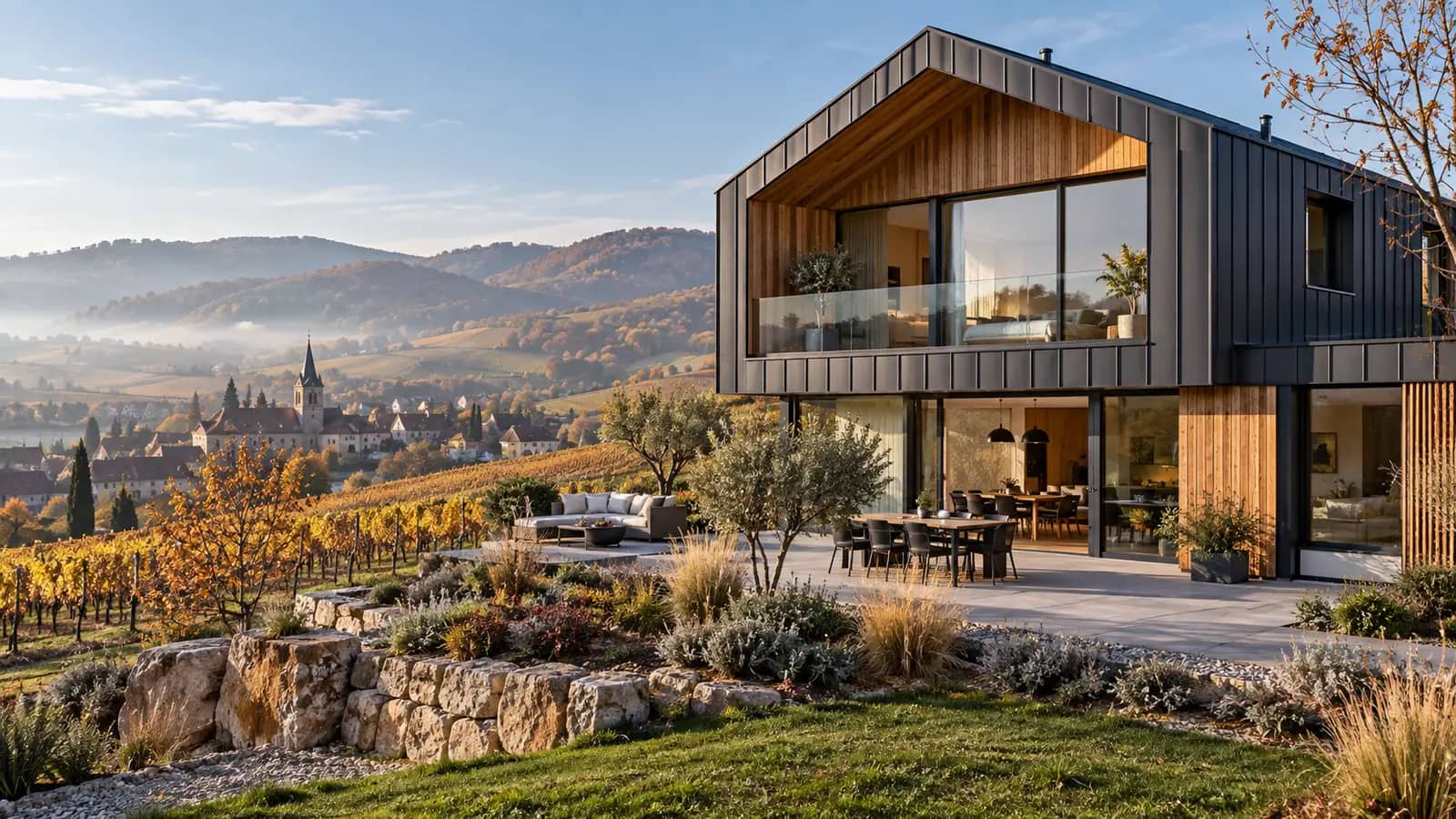 Maison contemporaine à bardage métallique et bois au-dessus d'un village et de ses vignobles