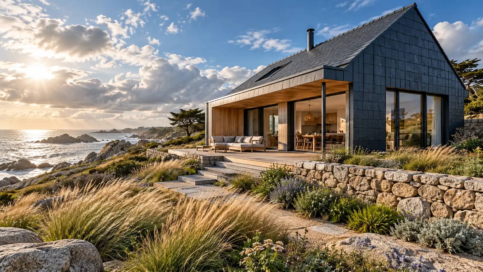 Maison contemporaine à toiture ardoise face à la mer sur une côte rocheuse