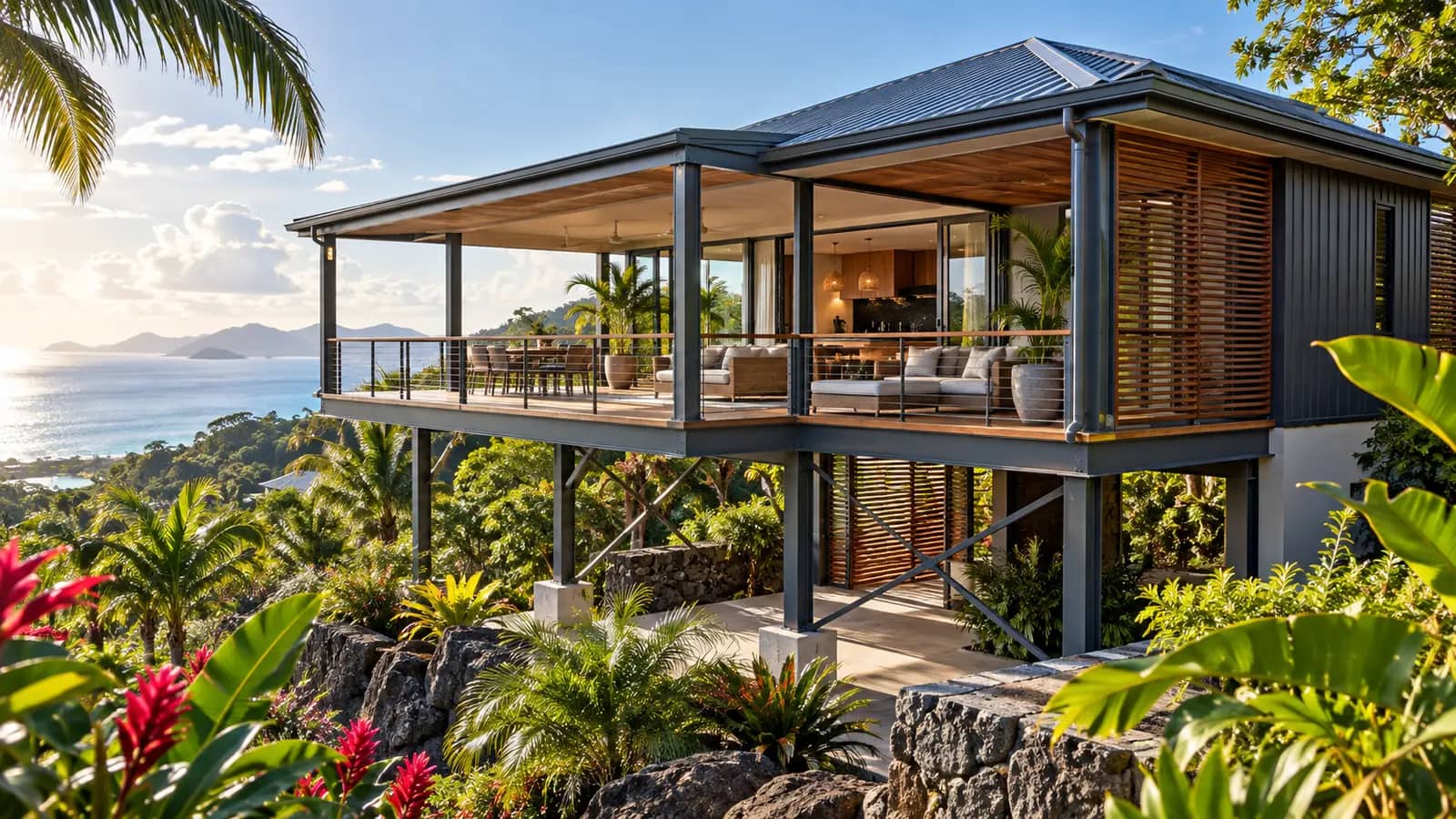 Maison à ossature métallique sur pilotis, toiture débordante et galerie, entourée de végétation tropicale