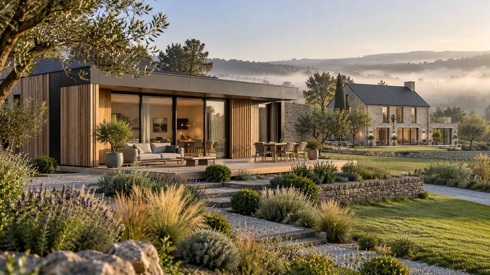Maison contemporaine de plain-pied à la campagne, un corps de ferme en pierre à l'arrière-plan