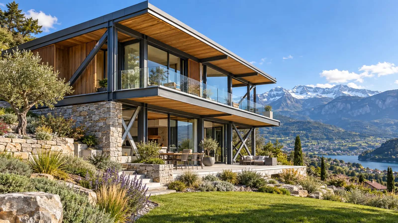 Maison à ossature métallique contreventée à flanc de montagne