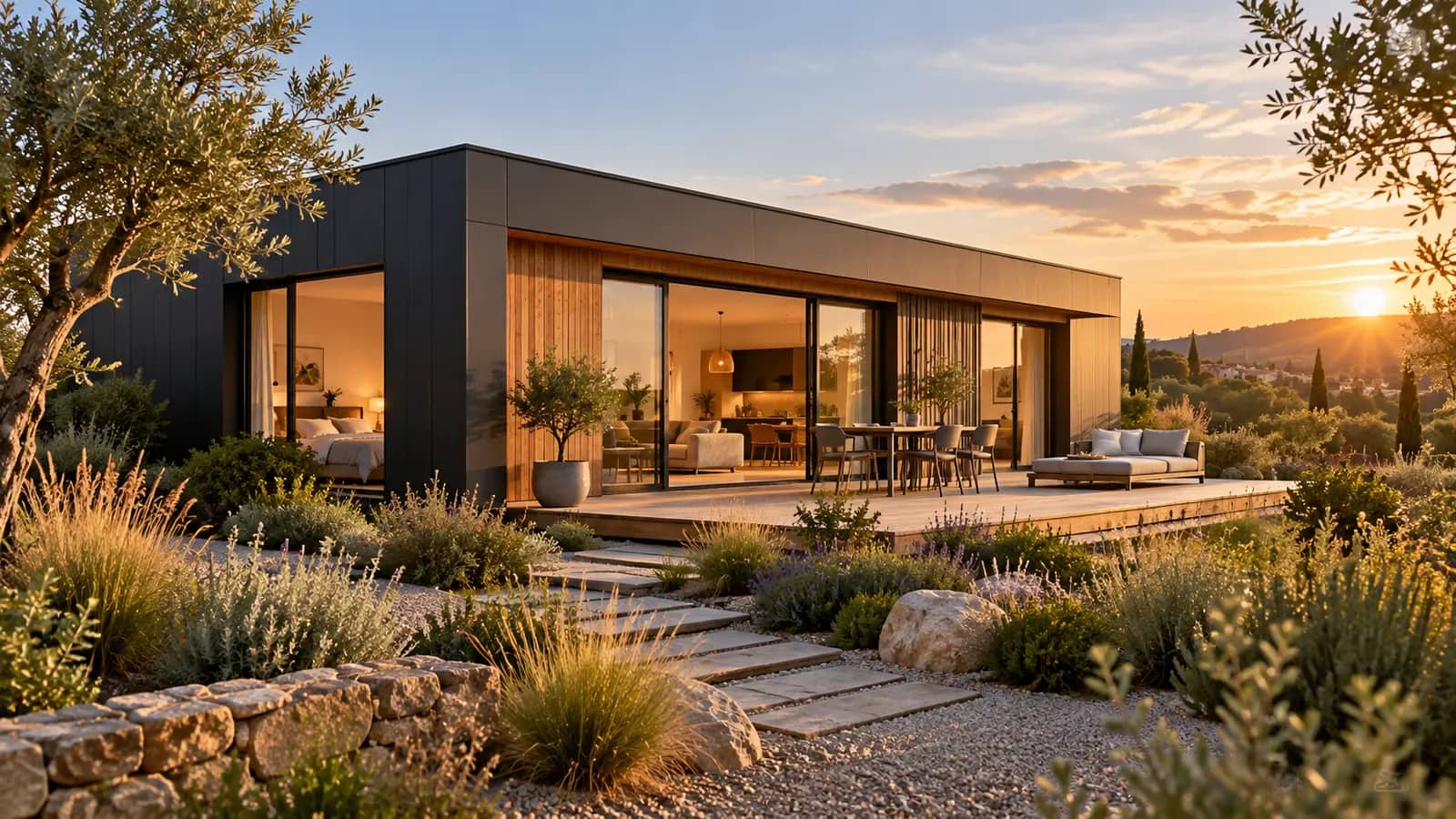Maison de plain-pied à bardage métallique noir et bois, grandes baies ouvertes sur une terrasse