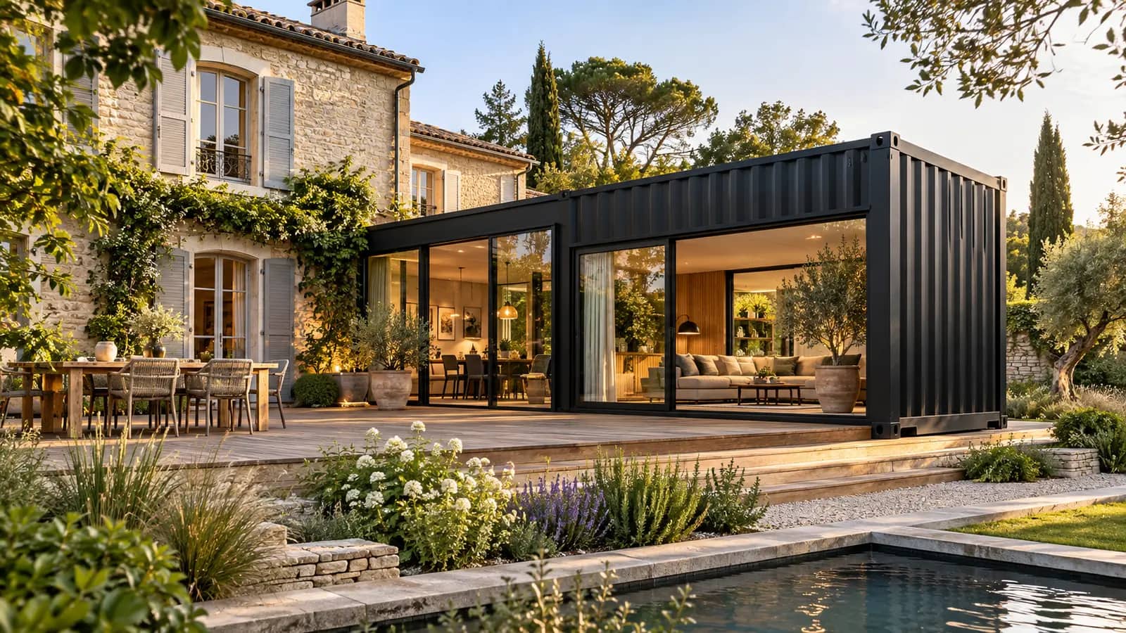 Extension en conteneur à bardage noir accolée à une maison en pierre, avec baies vitrées