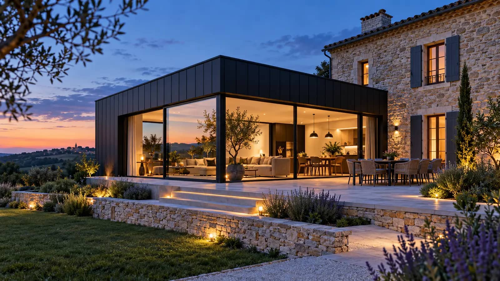 Maison contemporaine à ossature métallique légère (LSF) avec terrasse et jardin