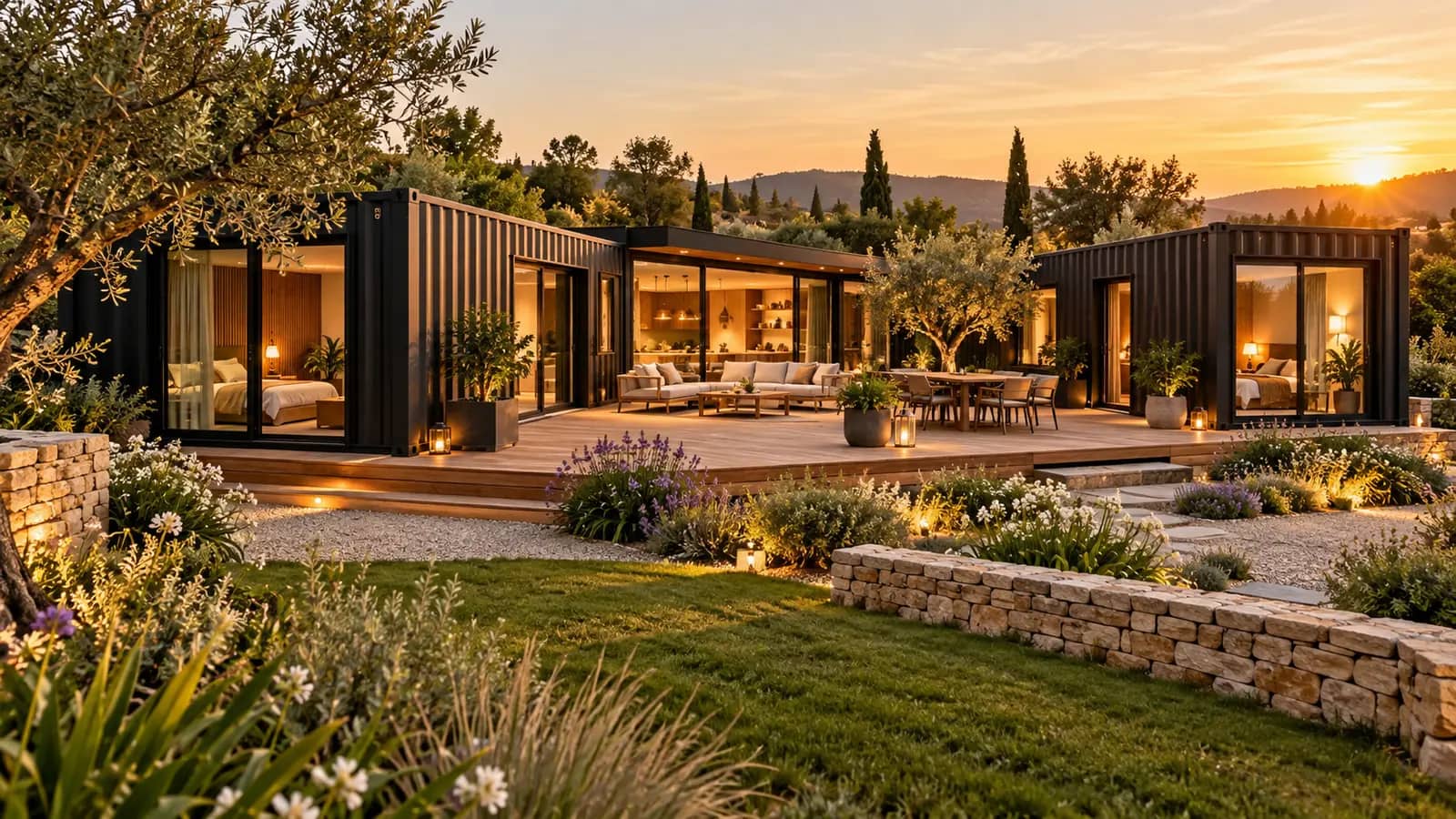 Maison en conteneurs de plain-pied disposés autour d'une terrasse bois