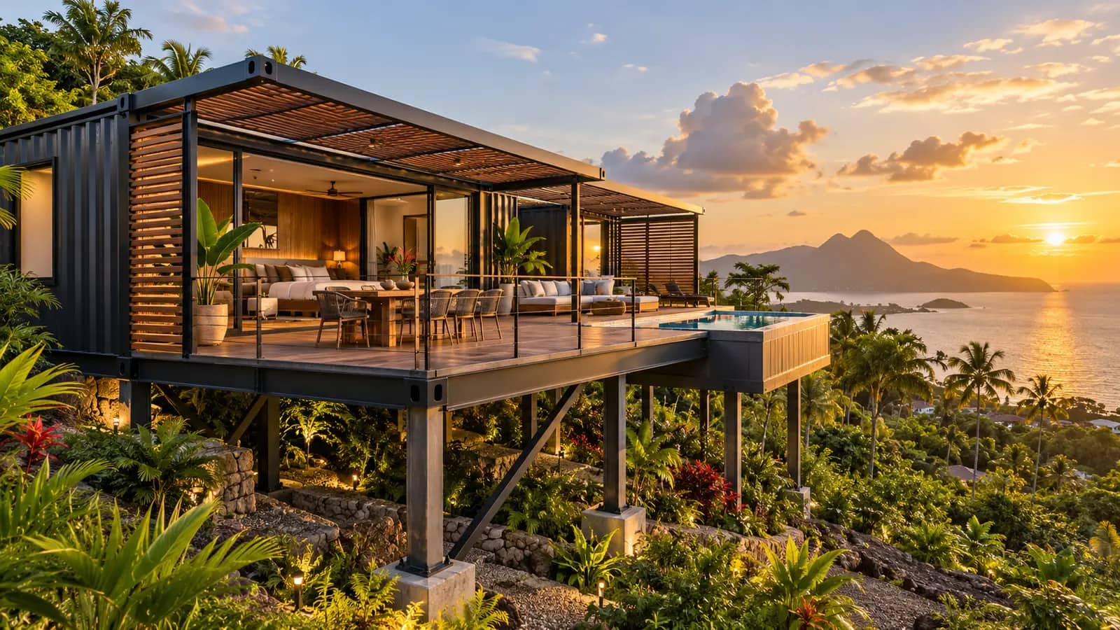Maison en conteneurs sur pilotis avec terrasse et pergola, face à la mer sous les tropiques
