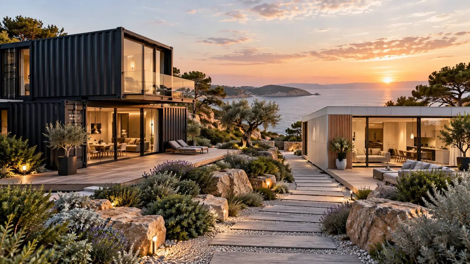 Maison en conteneurs superposés à côté d'un module d'habitation blanc, en bord de mer