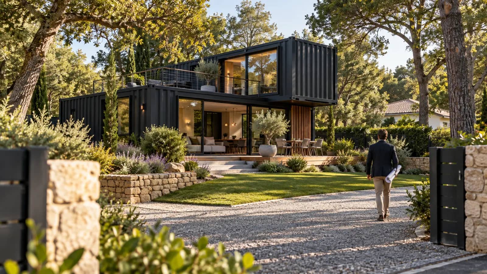 Maison en conteneurs à étage dans un jardin, un visiteur tenant des plans dans l'allée