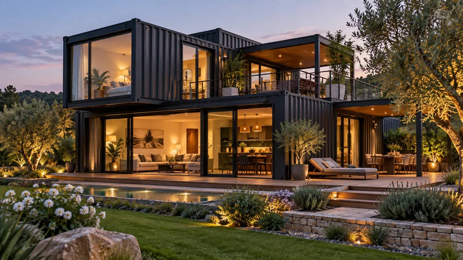 Maison contemporaine en conteneurs superposés, éclairée au crépuscule