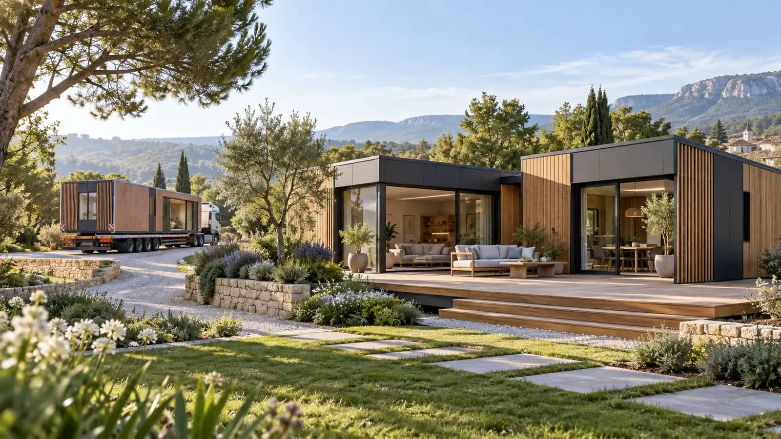 Maison modulaire de plain-pied, un module en attente de pose sur un camion à l'arrière-plan