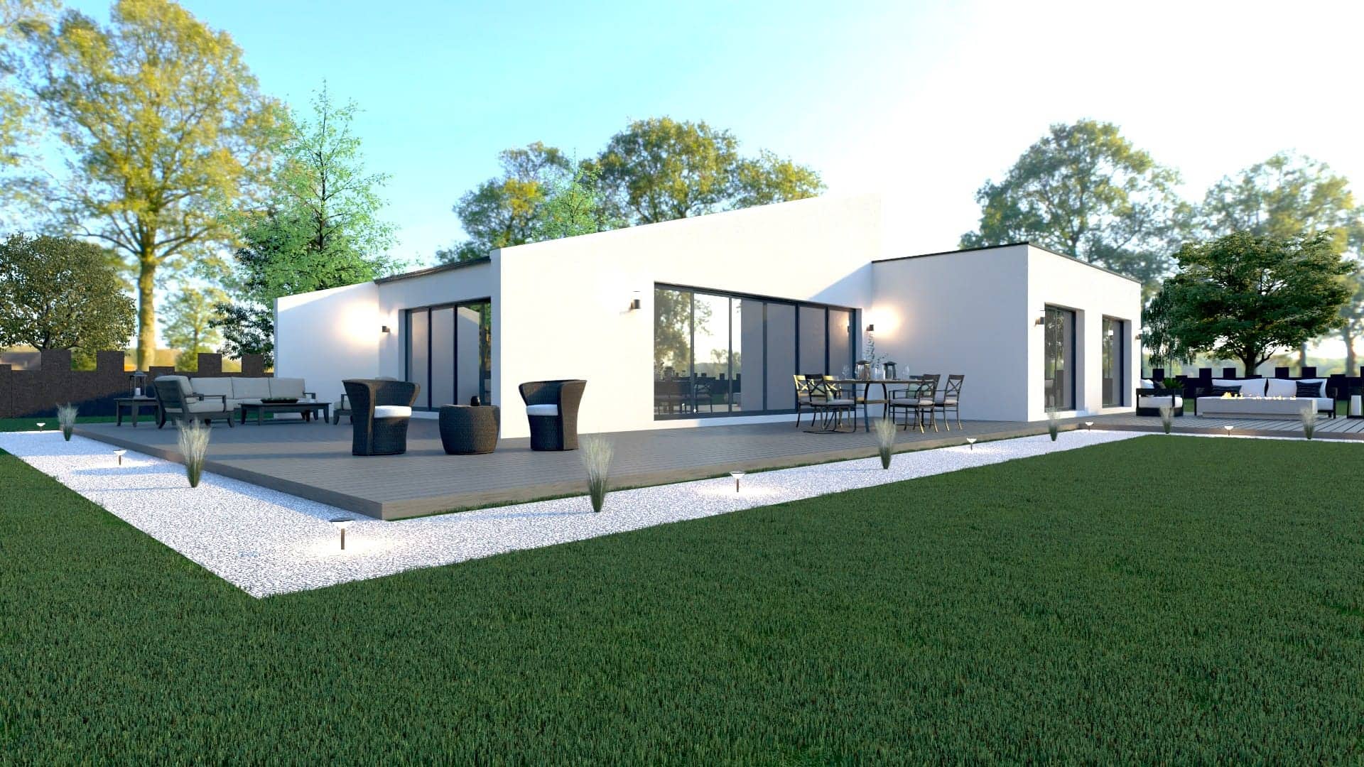 Maison contemporaine à ossature métallique légère (LSF) avec terrasse et jardin