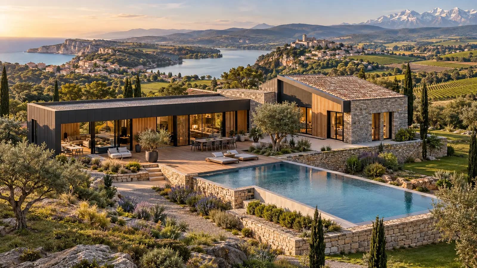 Villa contemporaine de plain-pied avec piscine dans un paysage de collines provençales