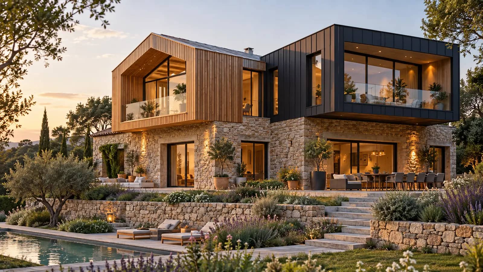Étage à ossature bois et métal construit au-dessus d'une maison en pierre