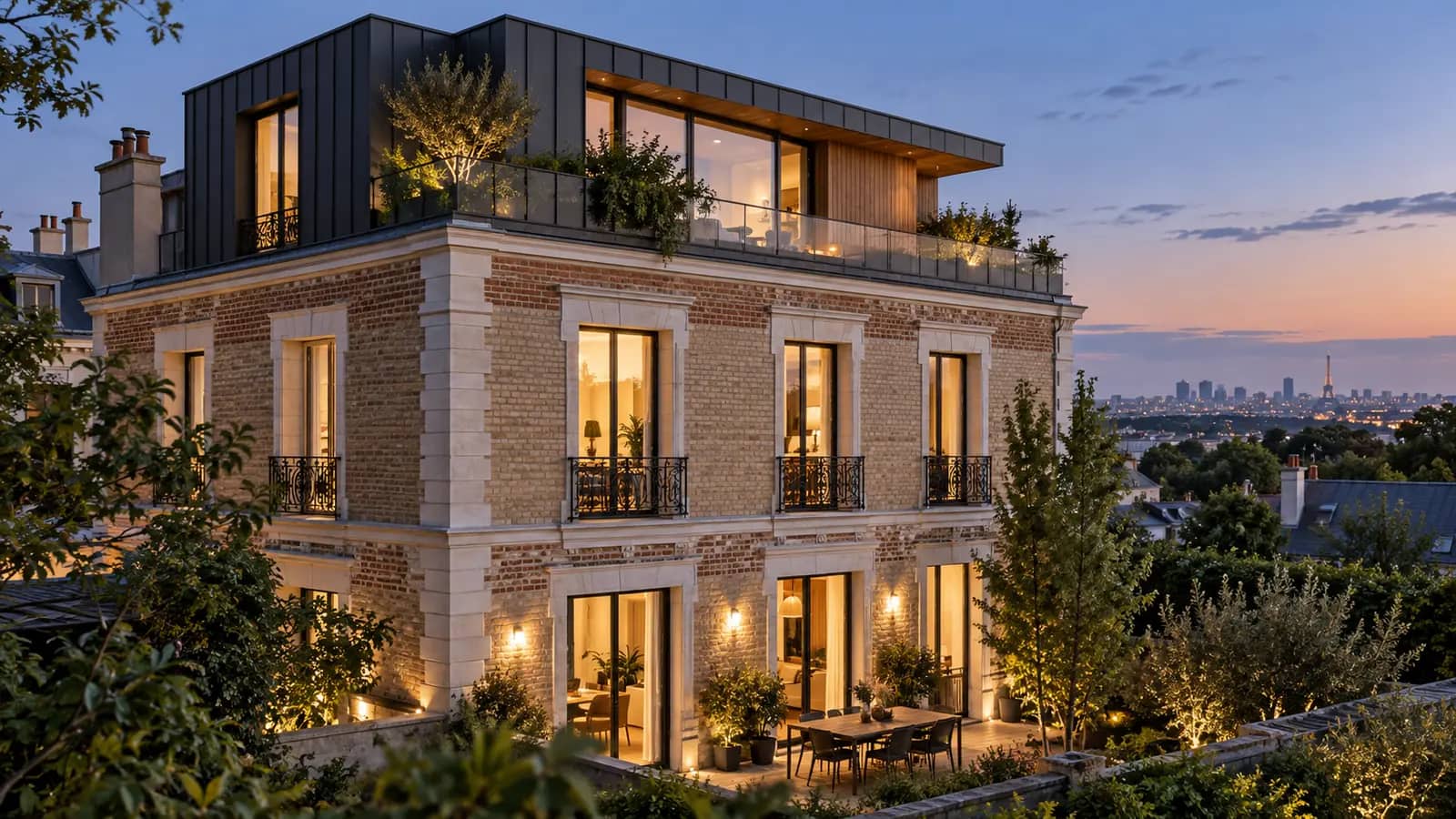 Immeuble ancien en brique surélevé d'un étage à bardage sombre, en région parisienne