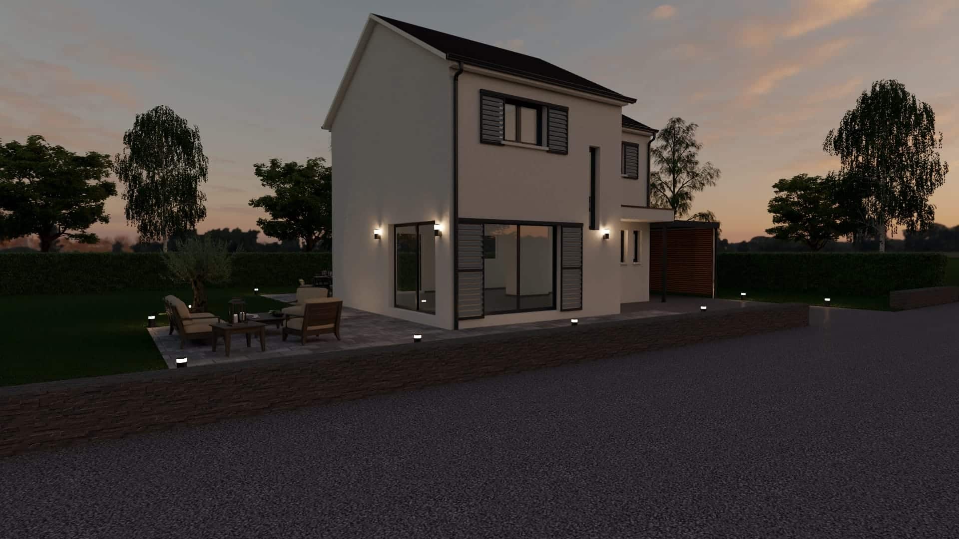 Maison ossature métallique légère Création Bâtiment au crépuscule