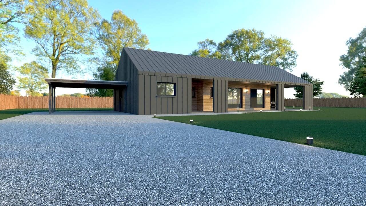Maison contemporaine à ossature métallique légère (LSF) avec terrasse et jardin