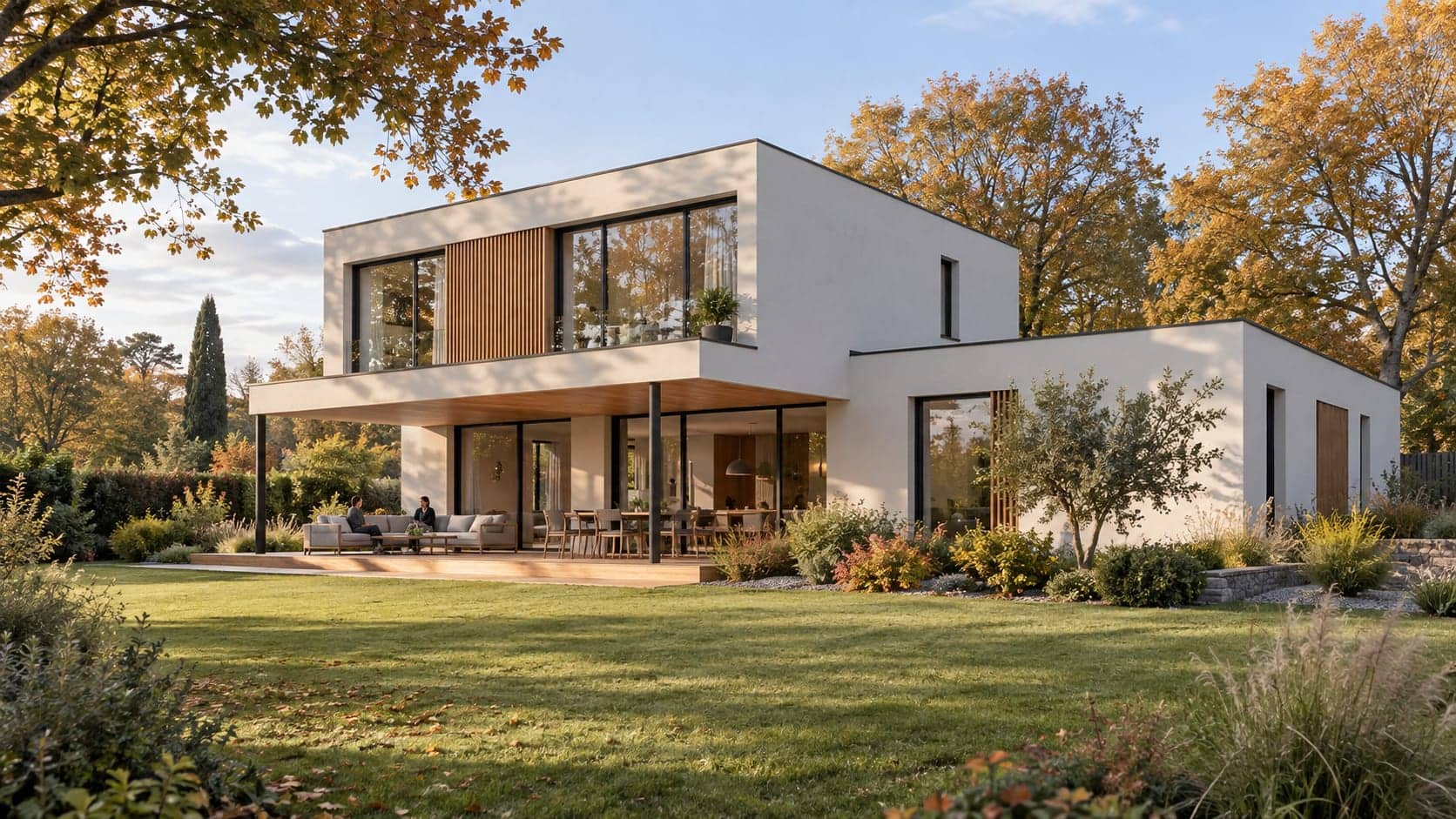 Illustration d'une architecture contemporaine en enduit blanc, porte-à-faux sur terrasse et lames de bois