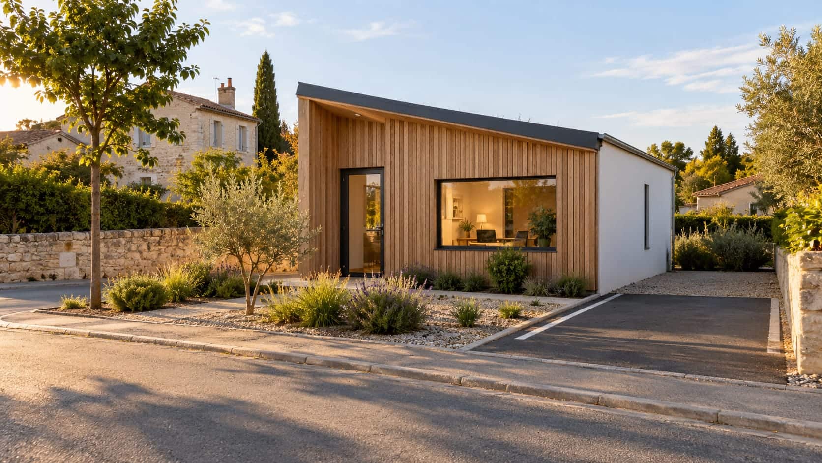 Illustration d'un petit bâtiment tertiaire en monopente à bardage bois vertical et grande baie