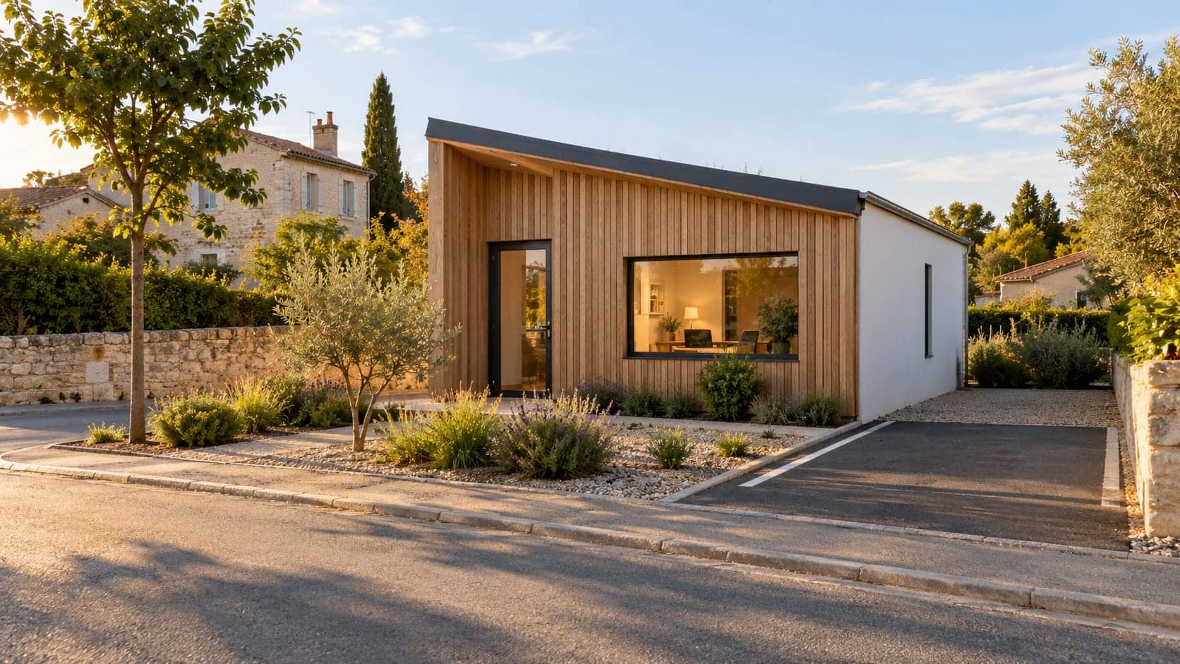 Illustration d'un petit bâtiment tertiaire en monopente à bardage bois vertical et grande baie
