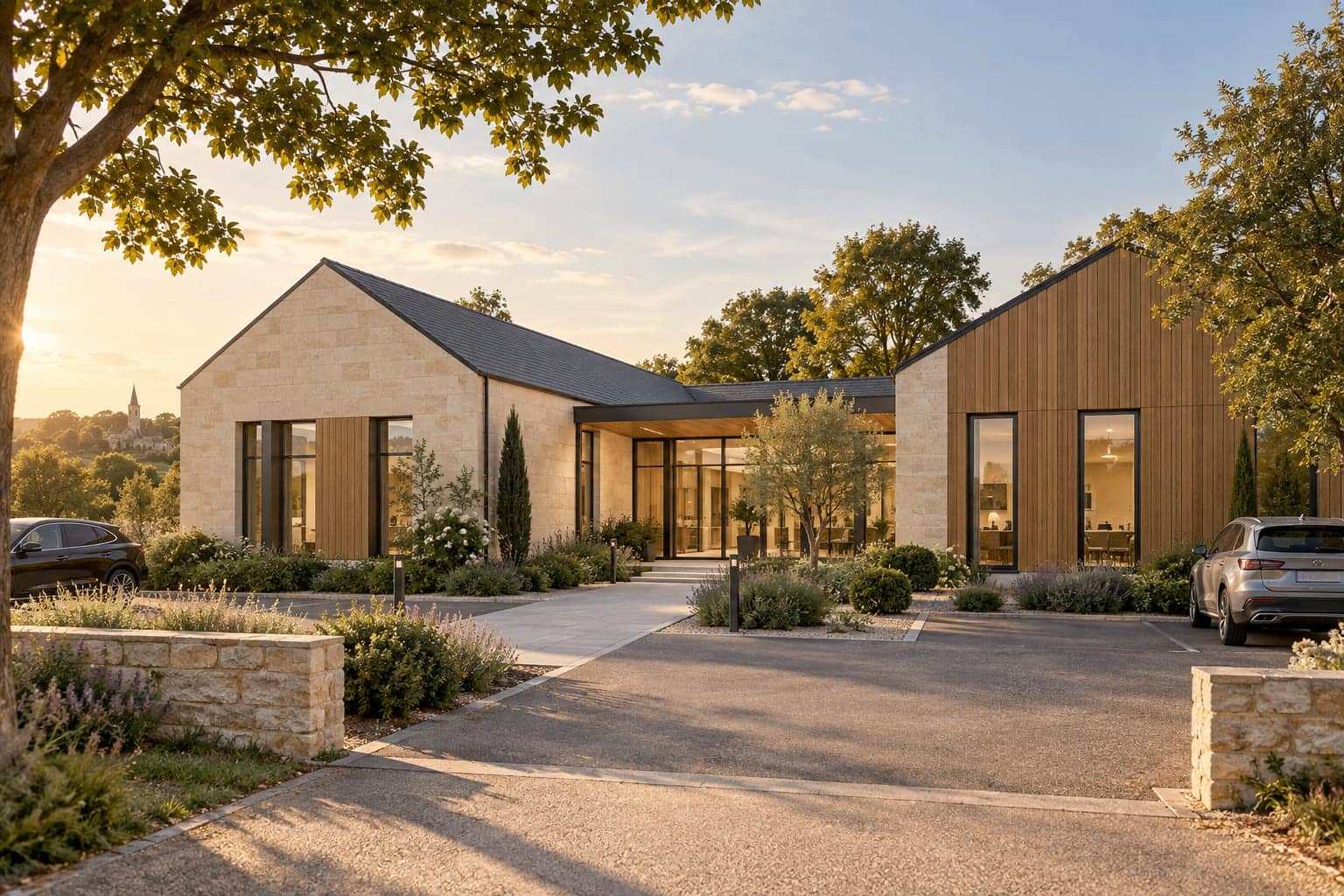 Illustration d'un équipement de village associant pierre claire, bardage bois et parvis de plain-pied