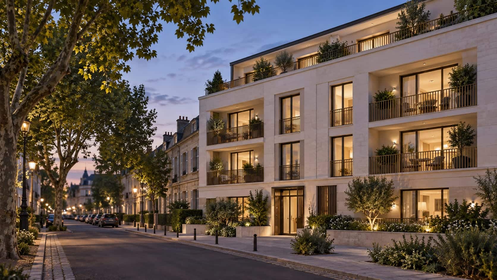 Illustration d'un immeuble de logements en pierre claire, trois étages sur rez-de-chaussée et attique en terrasse, dans une rue plantée