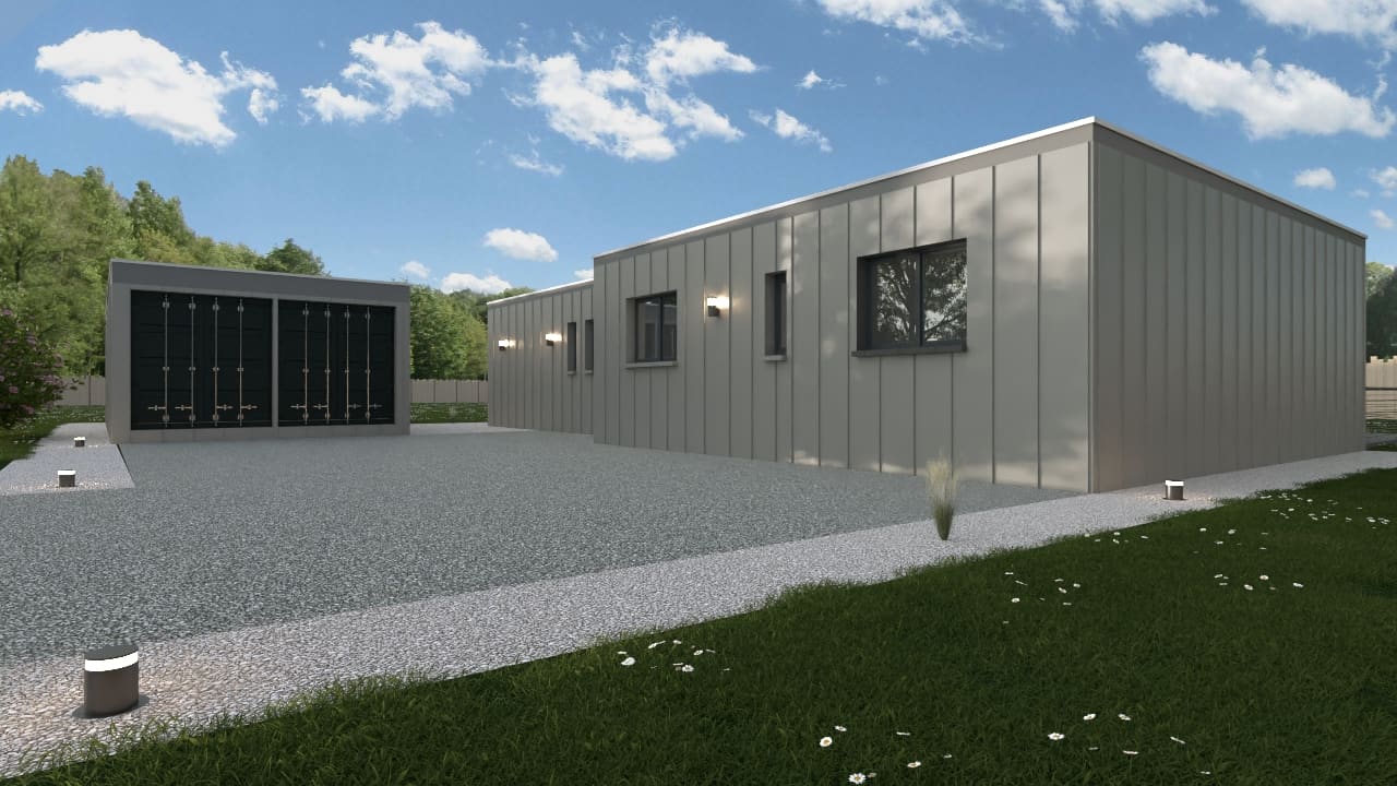 Maison cubique modulaire de plain-pied à bardage métallique vertical et toit plat, avec garage indépendant