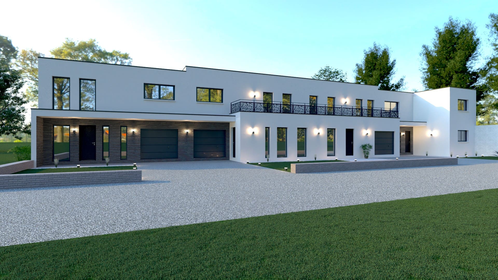 Maison cubique modulaire à étage et toit plat : volumes nets enchaînés, façade blanche, garages intégrés et balcon filant