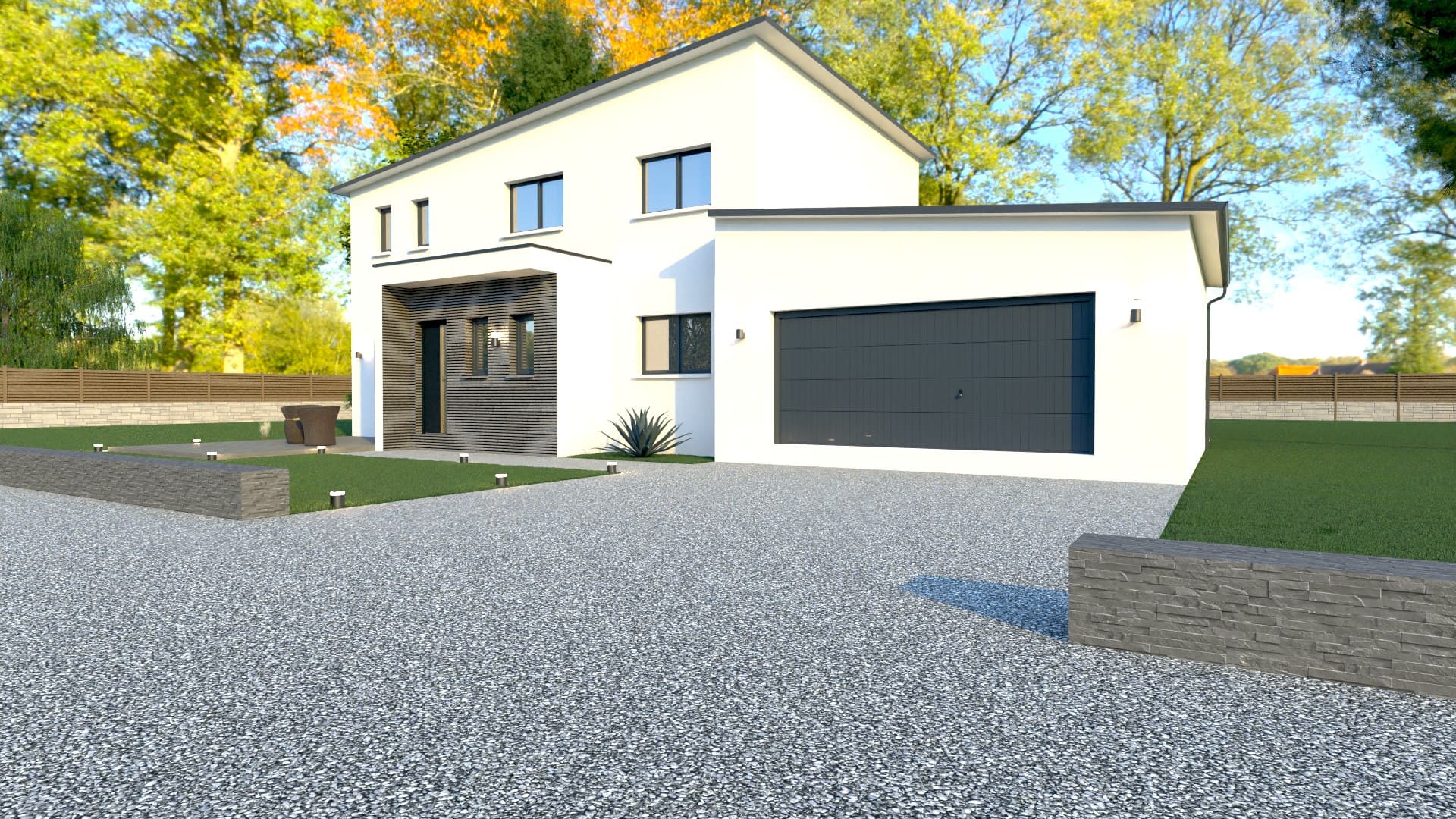 Maison modulaire à toiture à deux pans avec garage à toit plat : écriture mixte imposée par certains PLU