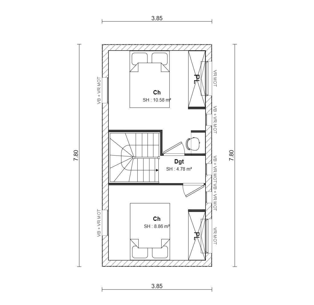 Plan de l'étage : deux chambres avec placards et dégagement