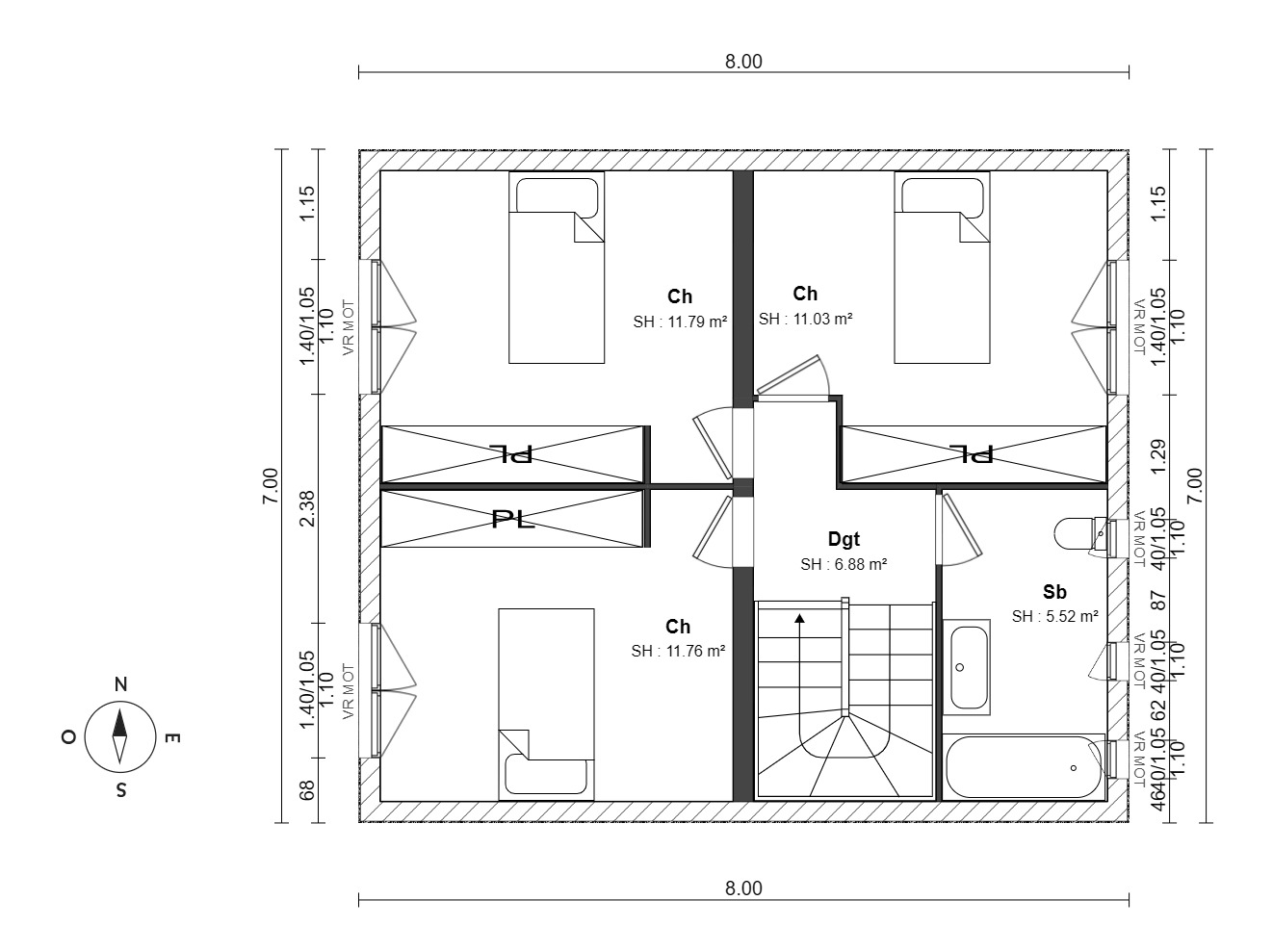 Plan de l'étage : trois chambres, grande salle de bains et dégagement