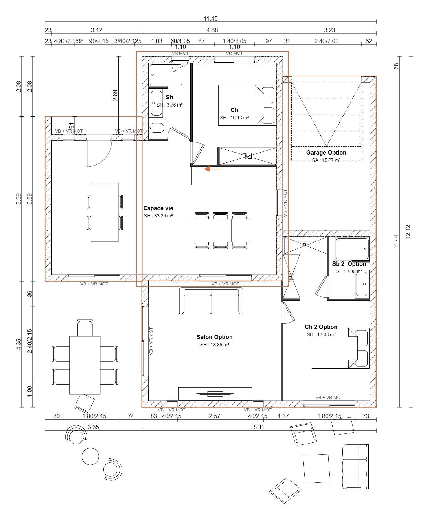 Plan d'un plain-pied évolutif : cœur de maison et modules optionnels (garage, salon, seconde chambre) en pointillés