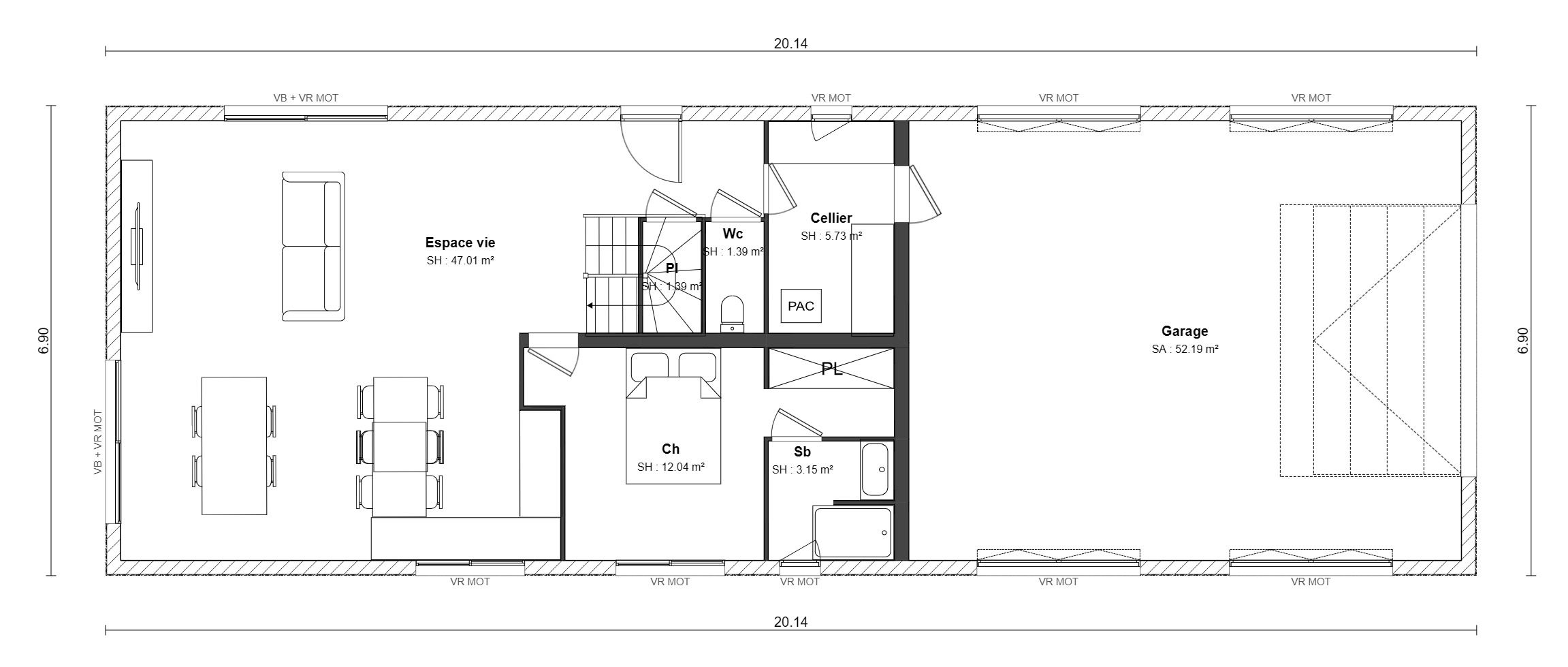 Plan d'une longère de plain-pied de 20 m de long avec pièce de vie de 47 m² et garage de 52 m²