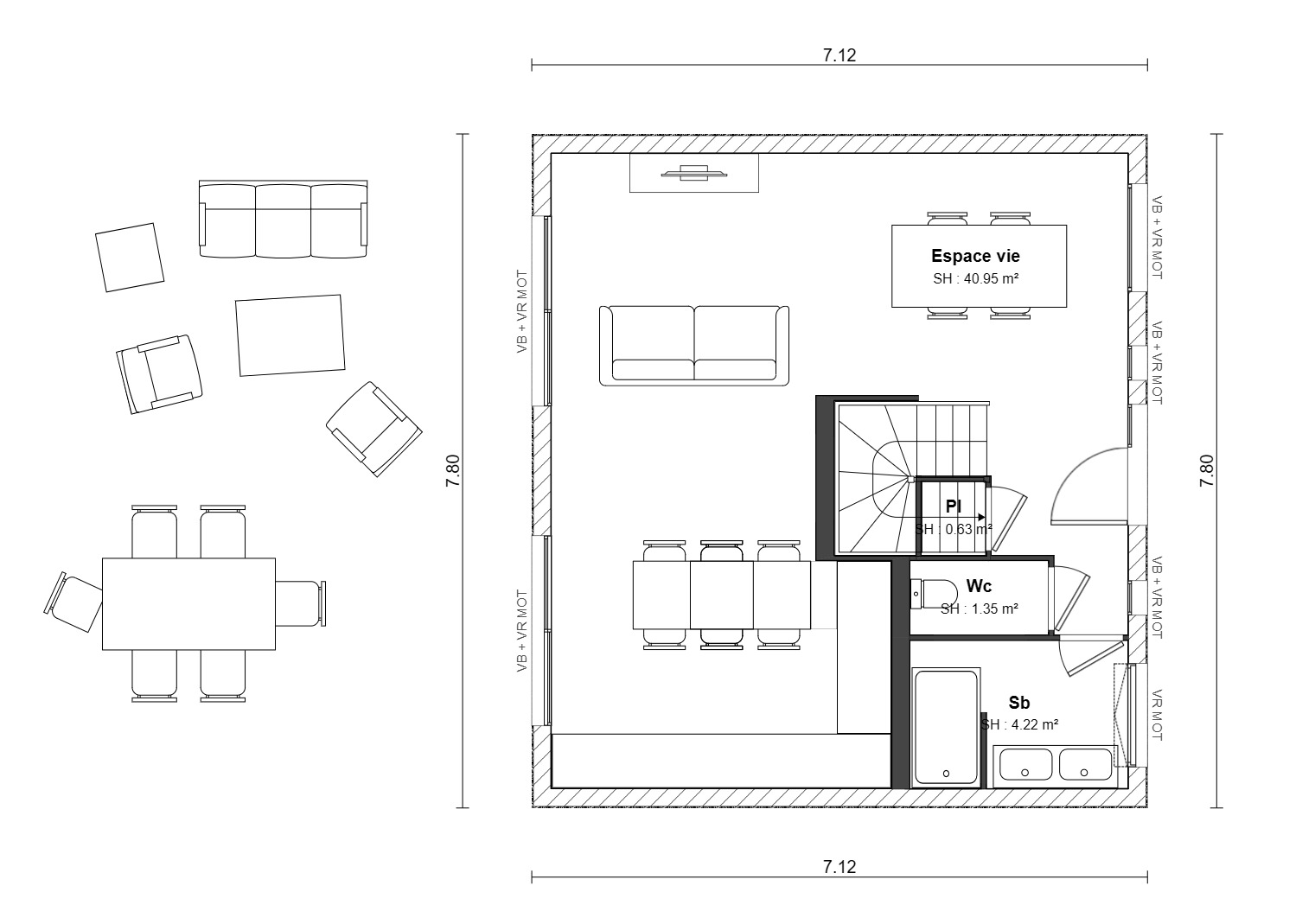 Plan du rez-de-chaussée d'une maison à étage : espace de vie ouvert de 41 m², WC et salle de bains