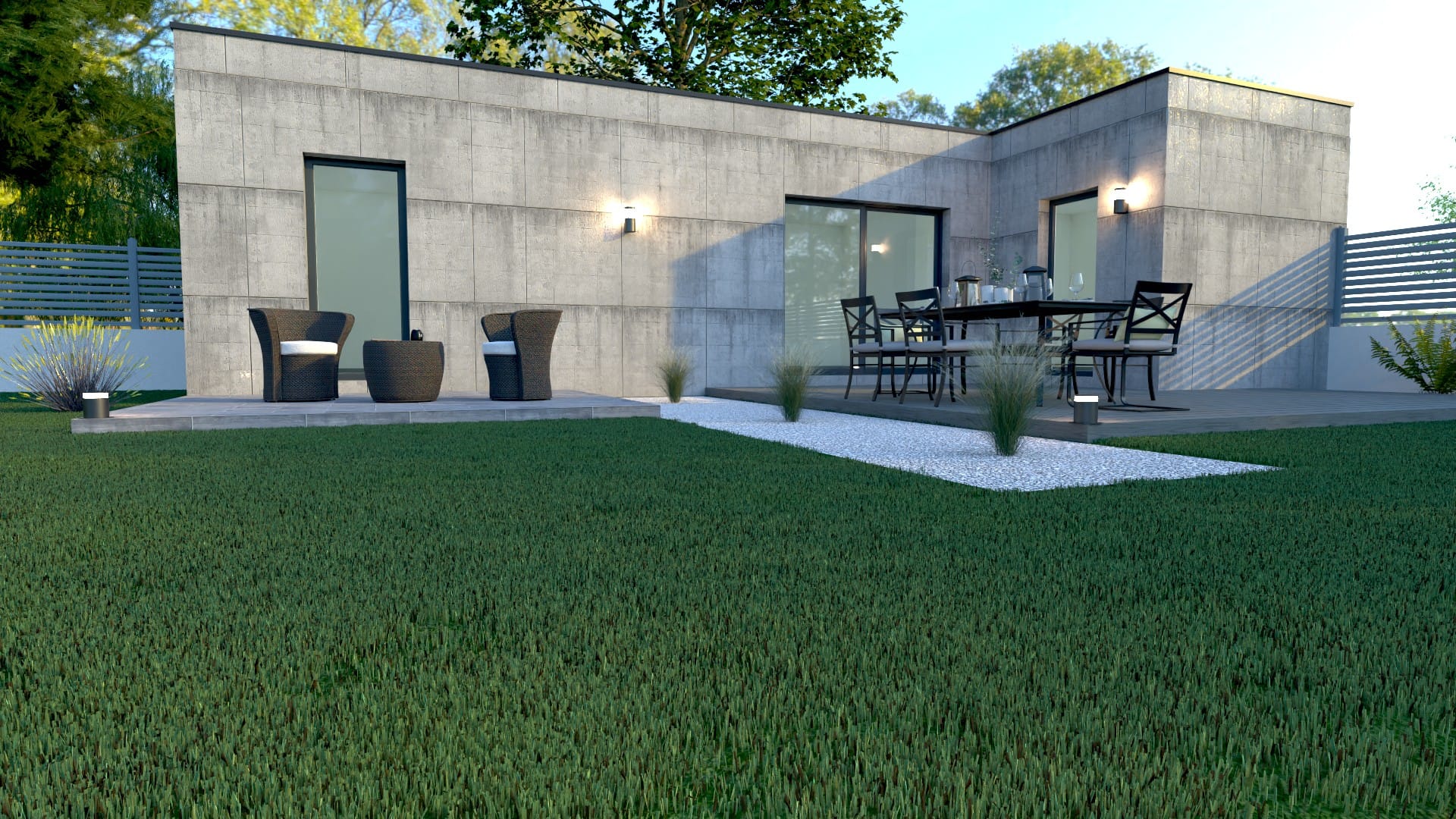 Studio de jardin X MOD 004 design, vue terrasse arrière avec grande baie vitrée et espace repas extérieur.