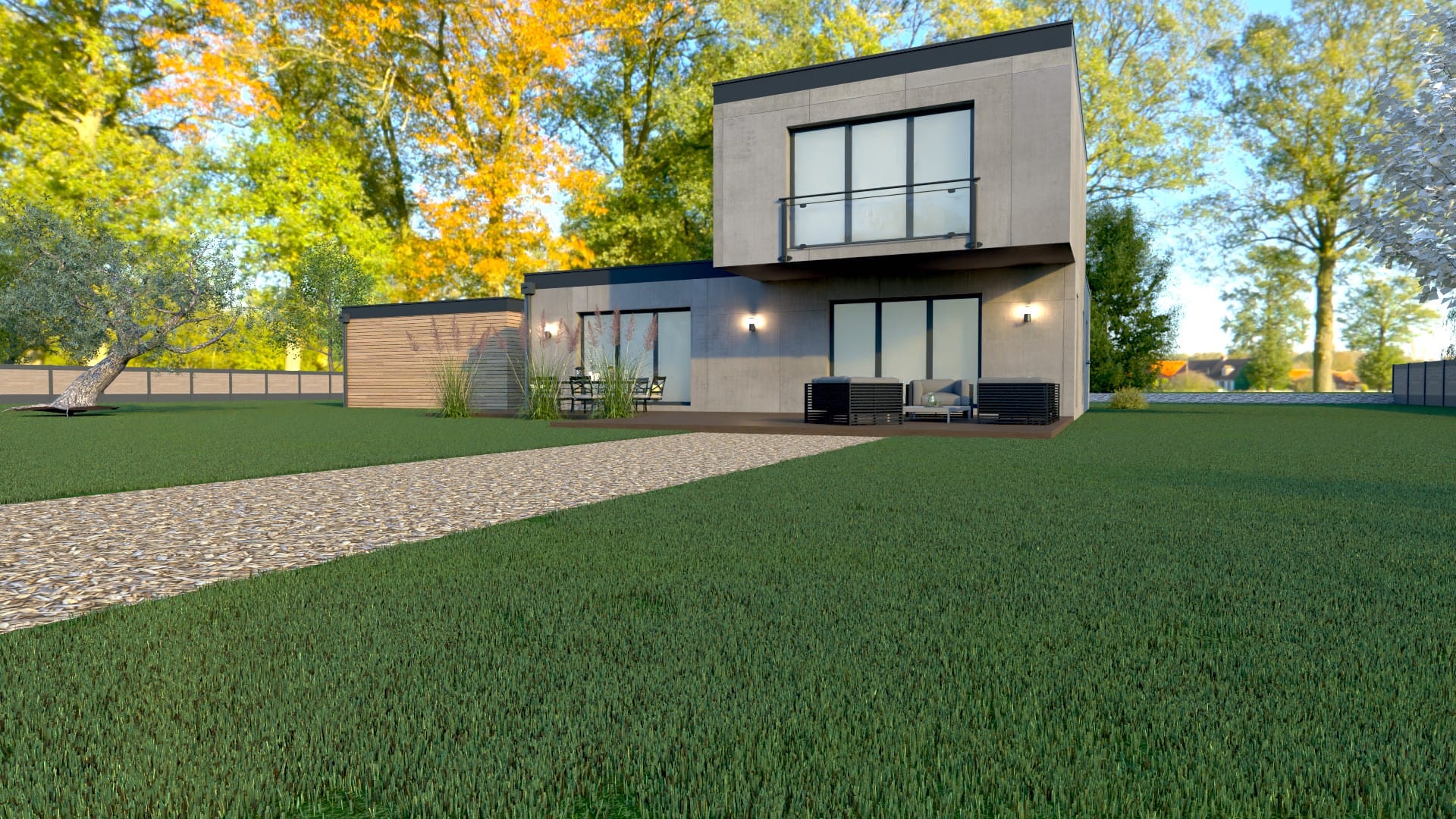 X COM 007 maison conteneur 135 m², façade côté jardin avec balcon, grandes baies vitrées, terrasse et volumes superposés très lumineux
