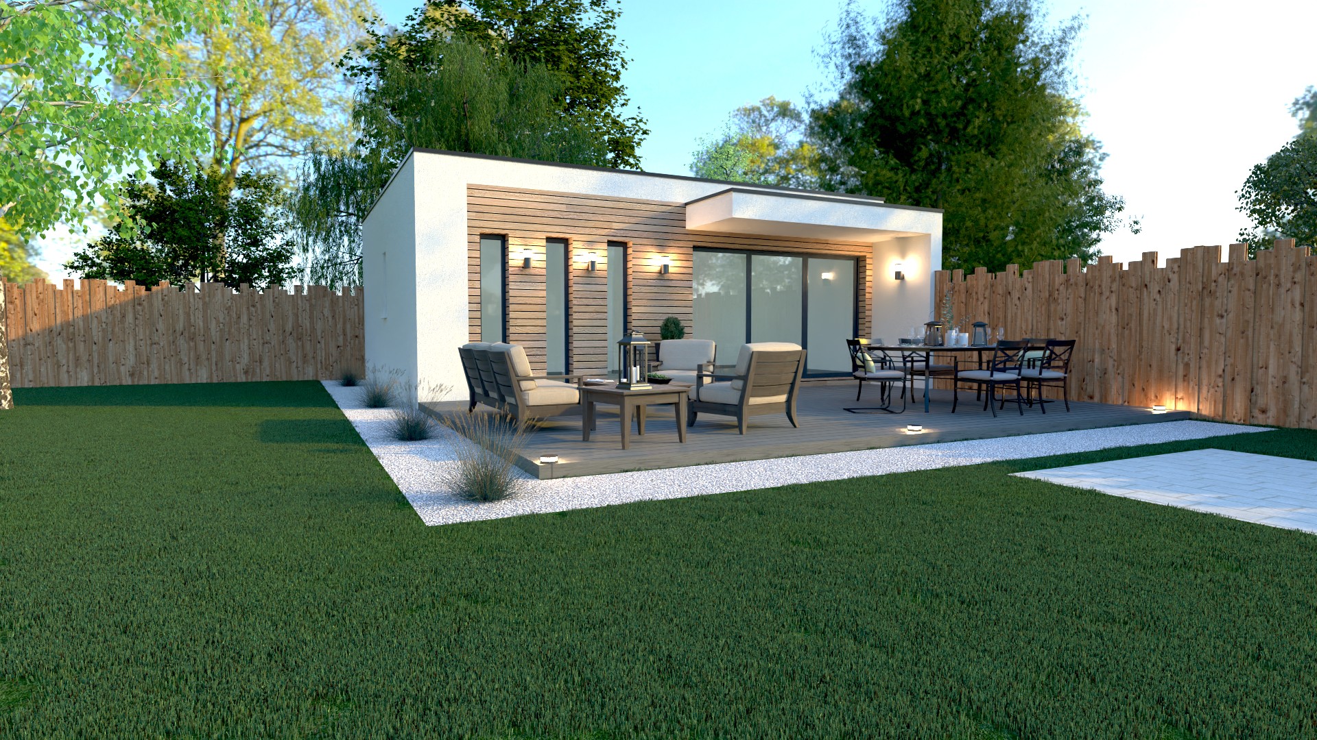 Studio de jardin X MOD 001 avec façade en bardage bois et enduit clair, toit plat, baie vitrée coulissante et terrasse en bois.