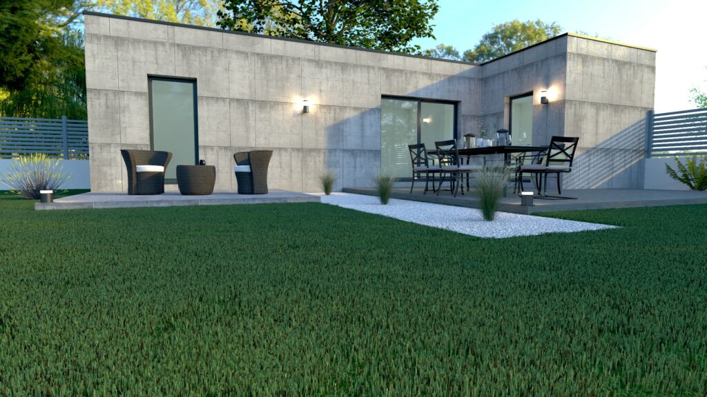 Studio de jardin moderne à toit plat avec terrasse, idéal pour investissement locatif : logement indépendant confortable, prêt à louer et rapide à installer par Création Bâtiment.