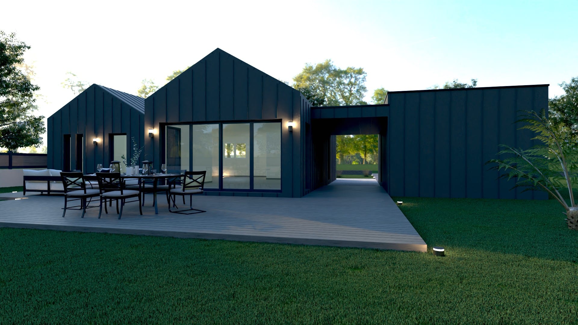 Maison conteneurs design, grande baie vitrée sur terrasse, passage couvert entre volumes.