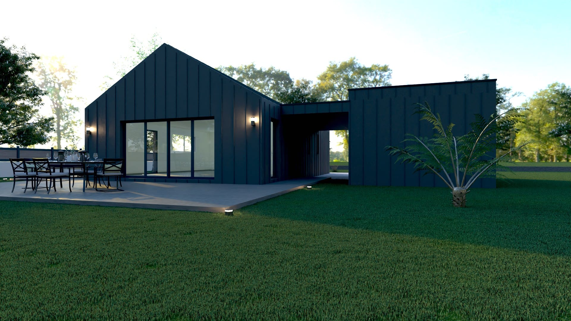 Maison conteneurs design, grande baie vitrée sur terrasse et jardin.