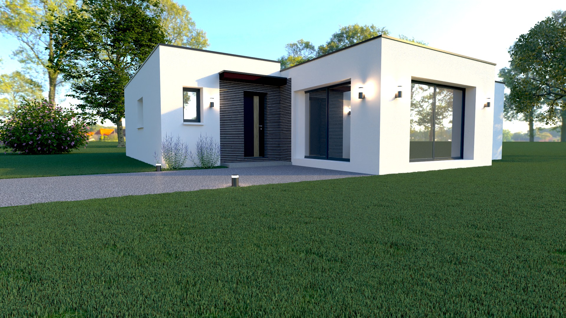 Maison X LSF 001 plain-pied vue d'angle avec entrée abritée, bardage foncé, grande baie vitrée et cheminement extérieur — architecture contemporaine ossature métallique légère