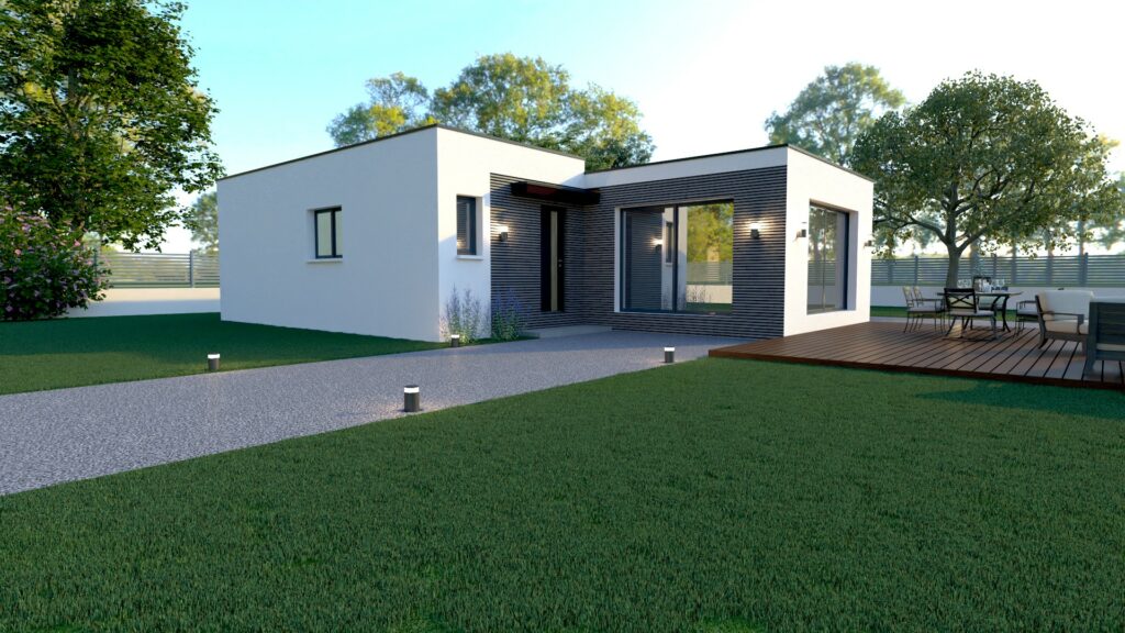 Maison X LSF 001, vue façade d’angle avec entrée sous auvent, bardage foncé et grande baie vitrée en retour.