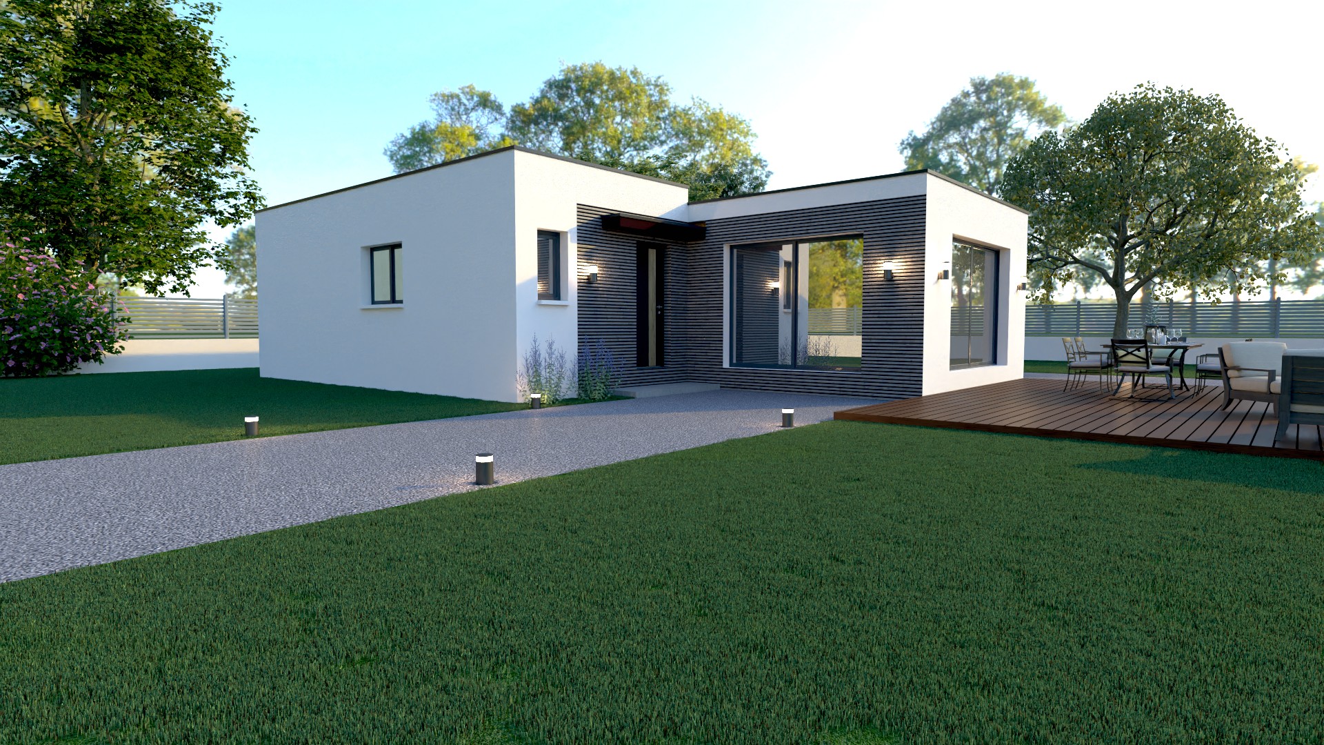 Maison X LSF 001, vue façade d’angle avec entrée sous auvent, bardage foncé et grande baie vitrée en retour.