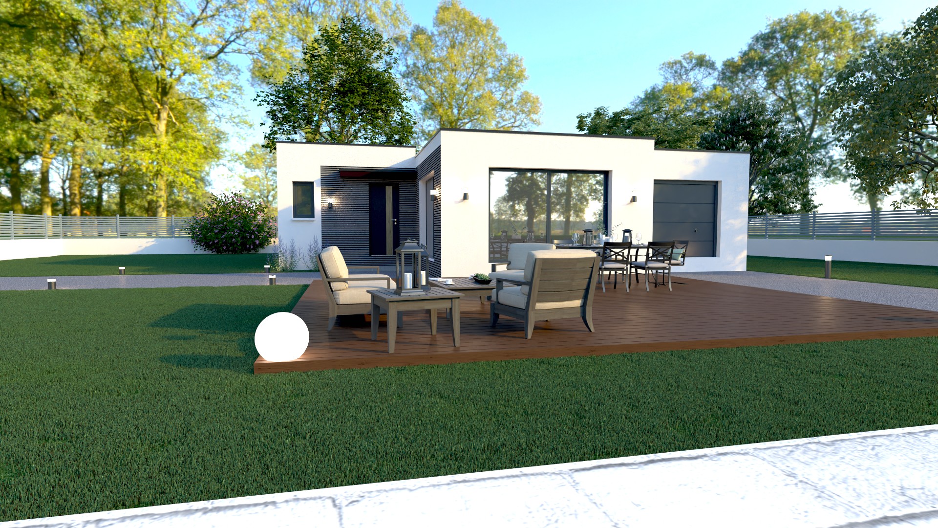 Maison X LSF 001 vue jardin avec grande terrasse bois, salon extérieur, table de jardin, baie vitrée panoramique et garage intégré — maison plain-pied 3 chambres ossature métallique