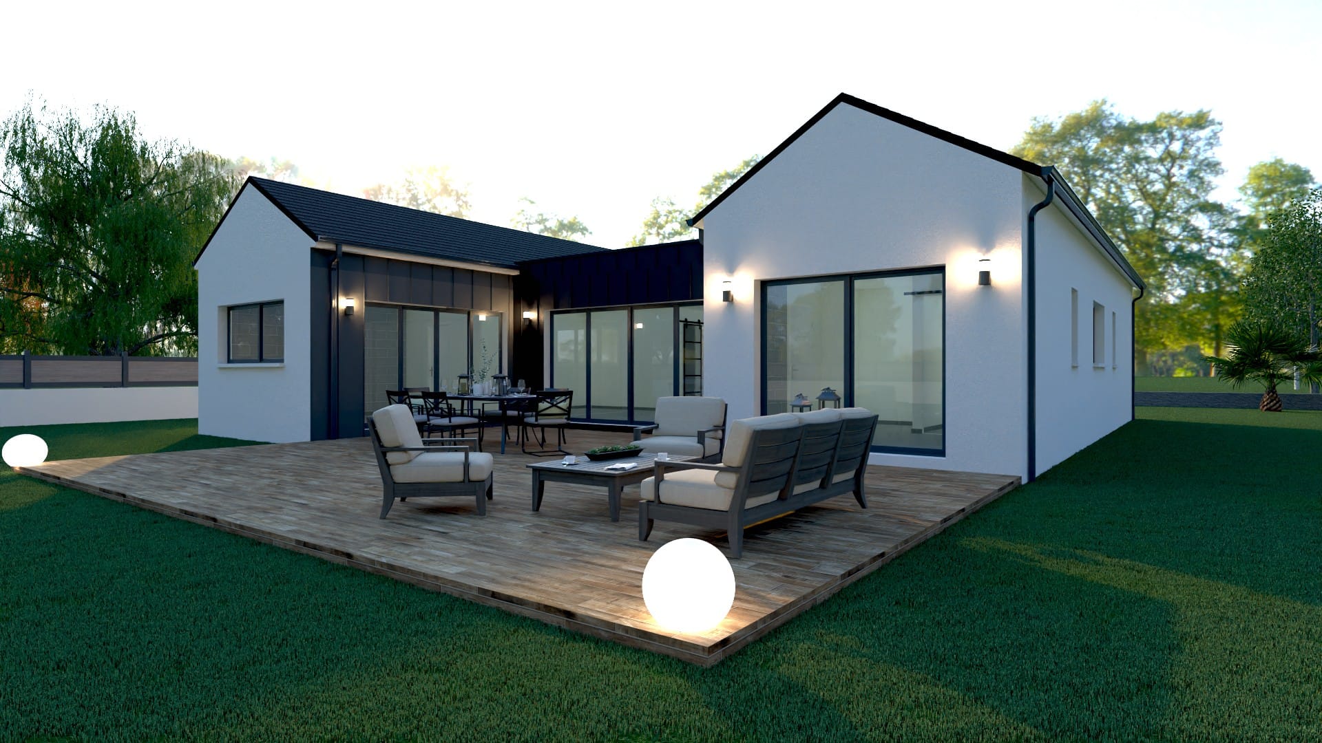 Maison X LSF 003, vue terrasse en bois avec salon extérieur, grandes baies vitrées et volumes à double pignon.