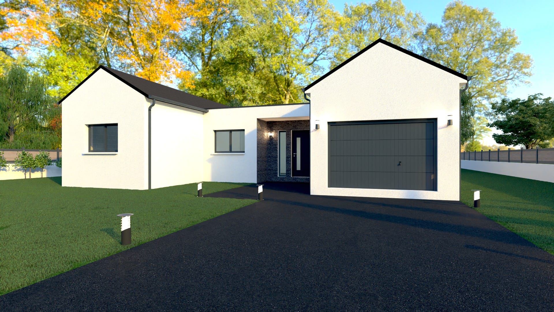 Maison X LSF 003, vue façade en perspective avec allée, éclairages extérieurs, porche d’entrée et garage sous volume pignon.