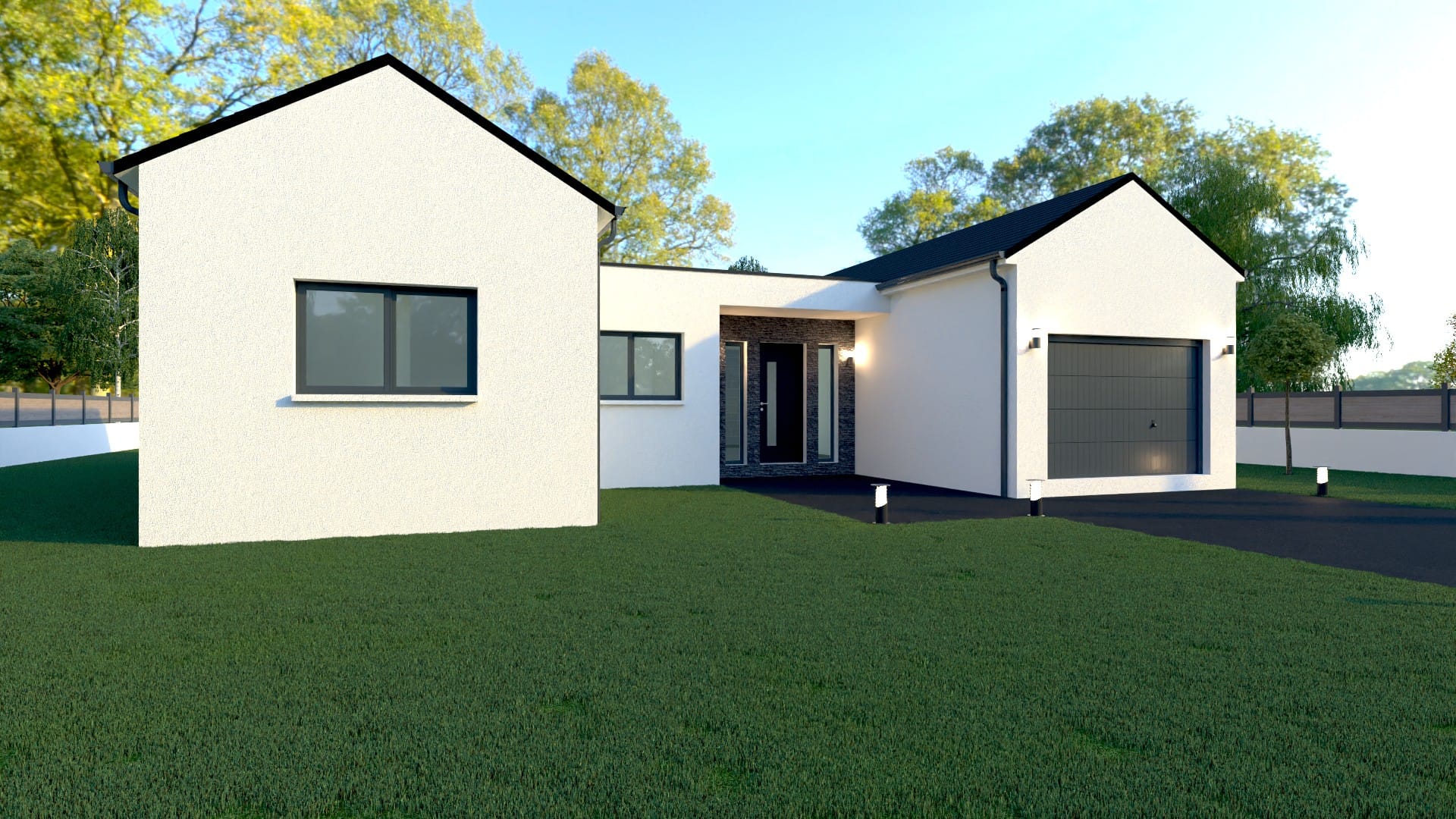 Maison X LSF 003, vue façade avec entrée en retrait, garage intégré, toitures à deux pentes et volumes épurés.