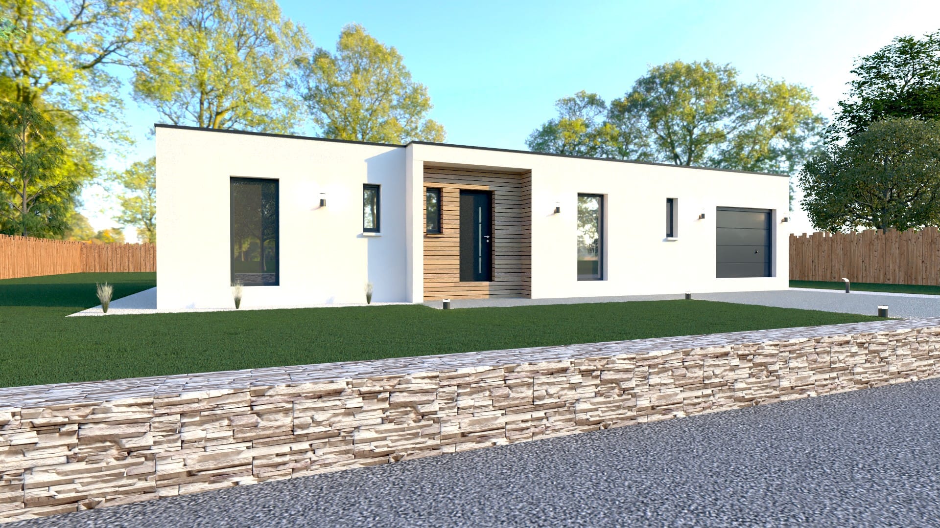 Maison X LSF 009, vue façade avant plain-pied avec entrée en retrait habillée bois, garage intégré et muret en pierre.