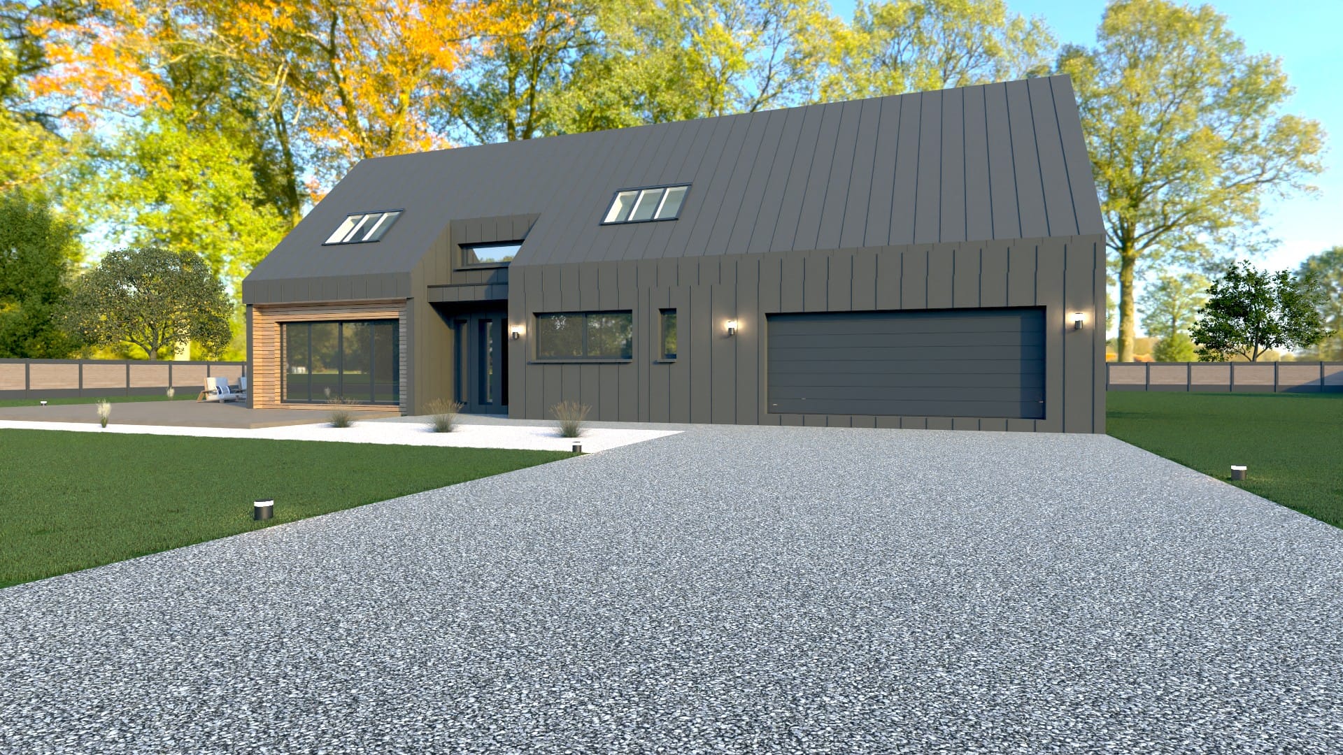 Maison X LSF 011, vue façade avant avec garage intégré, bardage foncé et touches bois, lignes modernes.