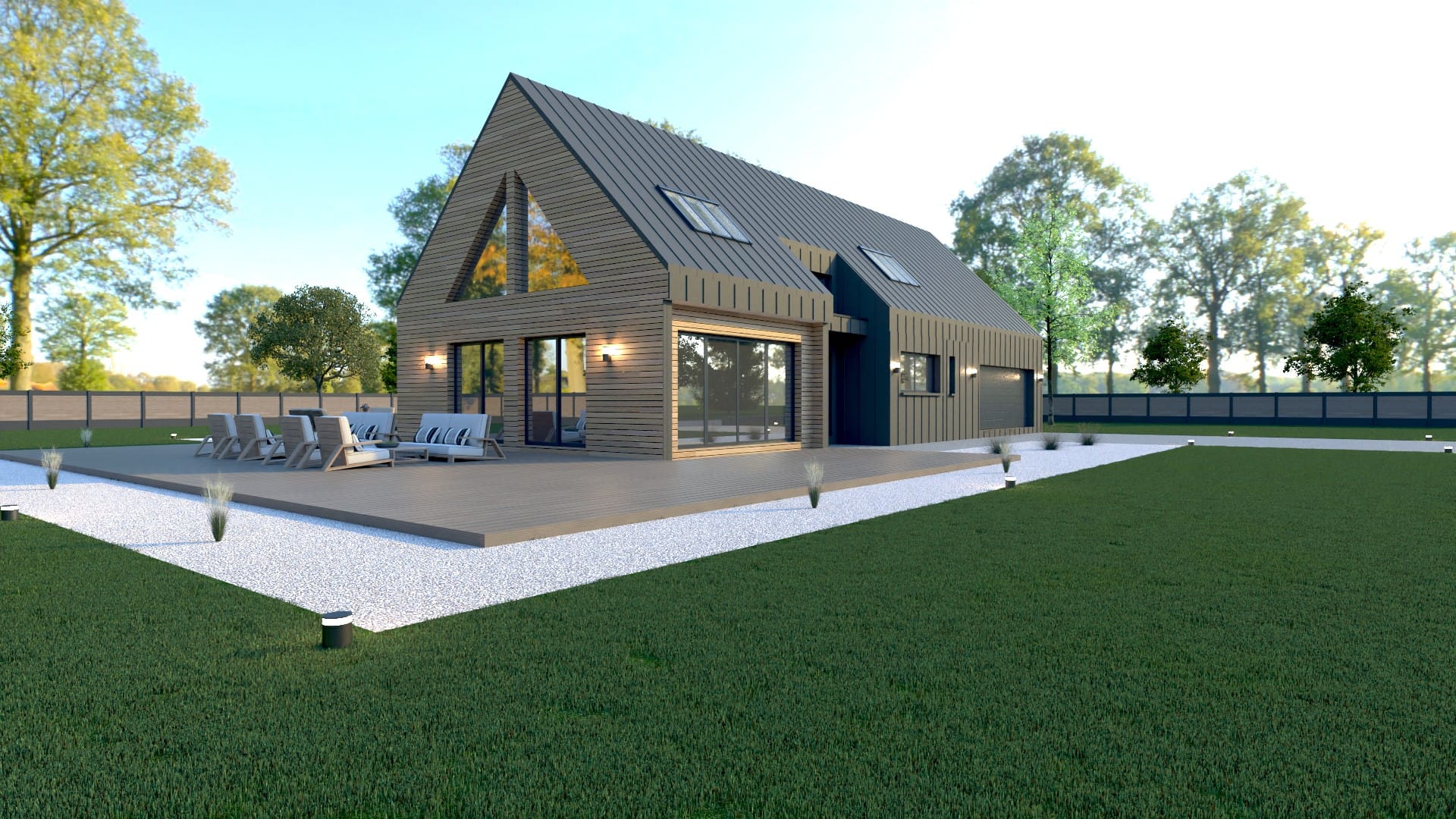 Maison X LSF 011 style grange, vue terrasse bois avec grandes baies vitrées et bardage bois contemporain.